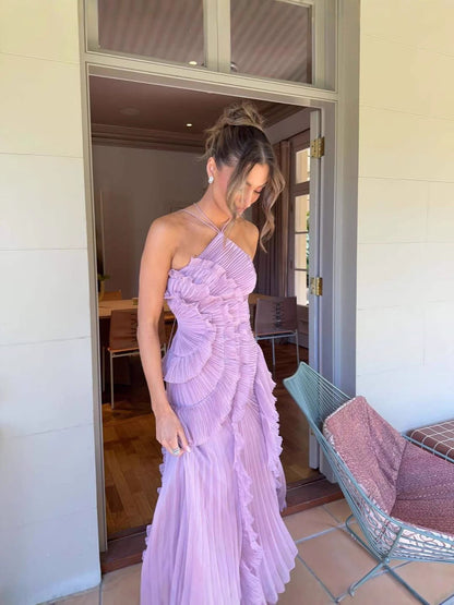 Lavender Pleated Maxi Dress with Ruffle Detail for Women - Gelsomina