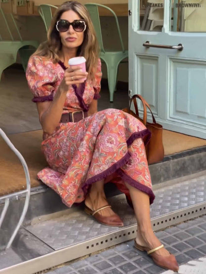 Pink Floral Wrap Maxi Dress with Puff Sleeves for Women - Rita