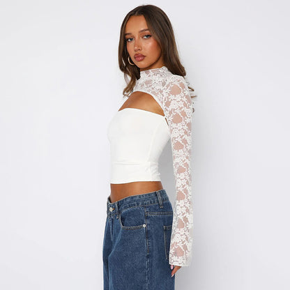 Lace Long Sleeve Crop Top with Cut Out for Women - Gemma