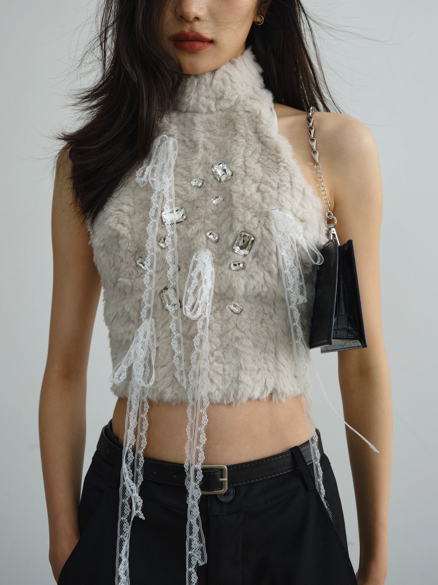 Beige Fur Lace Tassel Sleeveless Top