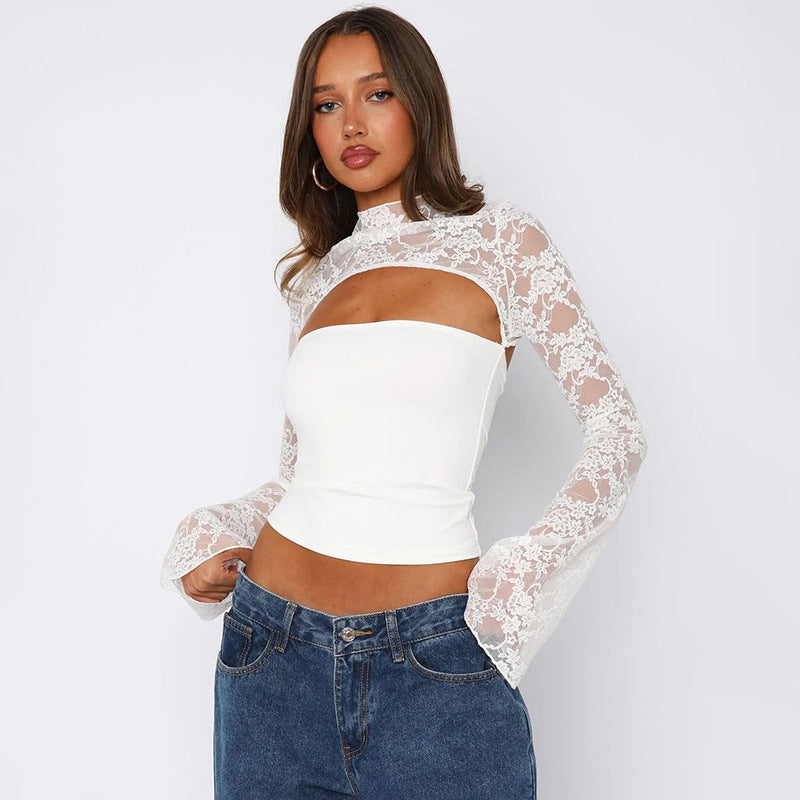 Lace Long Sleeve Crop Top with Cut Out for Women - Gemma