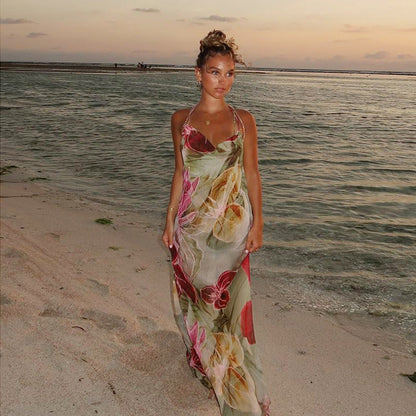 Green Floral Maxi Dress with Side Slit for Women - Fatima