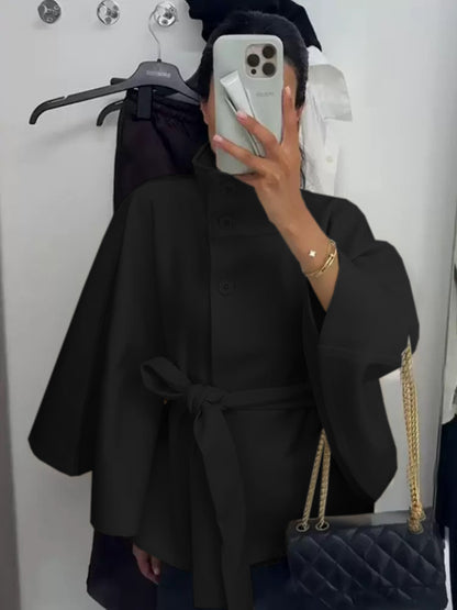 Belted High Neck Cape Coat for Women - Ines