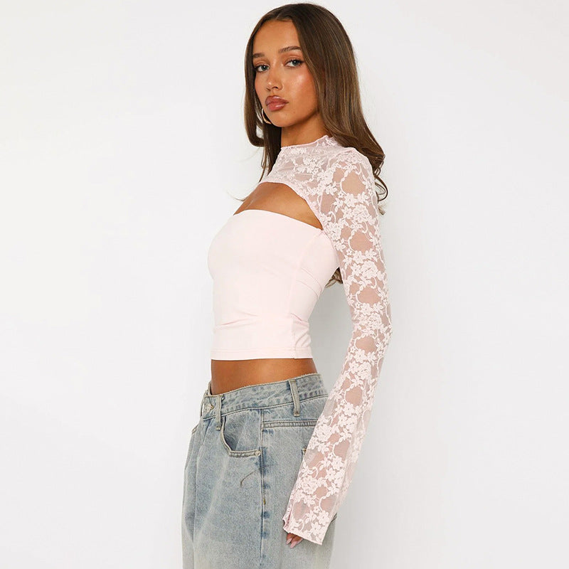Lace Long Sleeve Crop Top with Cut Out for Women - Gemma