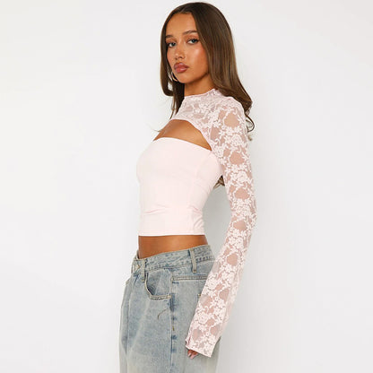 Lace Long Sleeve Crop Top with Cut Out for Women - Gemma