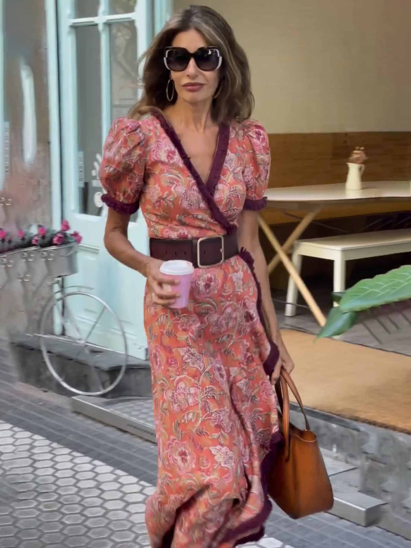 Pink Floral Wrap Maxi Dress with Puff Sleeves for Women - Rita