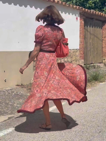 Pink Floral Wrap Maxi Dress with Puff Sleeves for Women - Rita