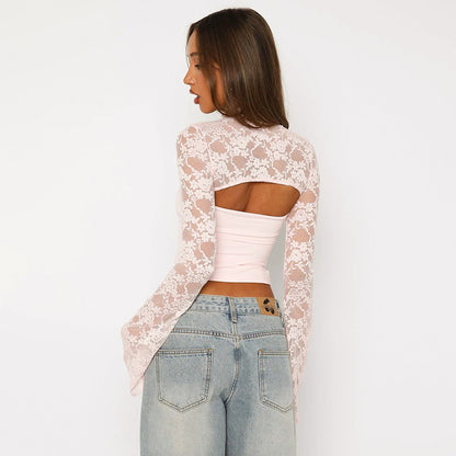 Lace Long Sleeve Crop Top with Cut Out for Women - Gemma