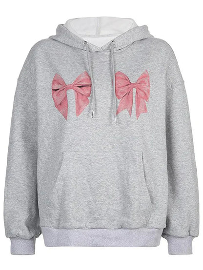 Gray Y2K Oversized Bow Print Drawstring Hoodie