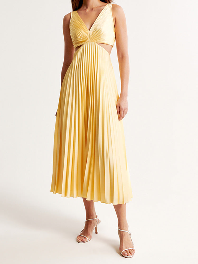 Yellow Pleated Maxi Dress with V-Neck for Women - Rosella