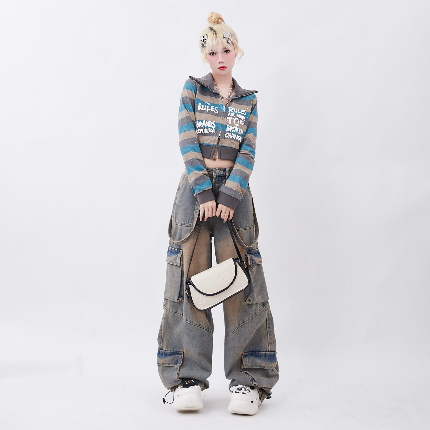 Gray Mud Like Washed Suspender Design Denim Jeans