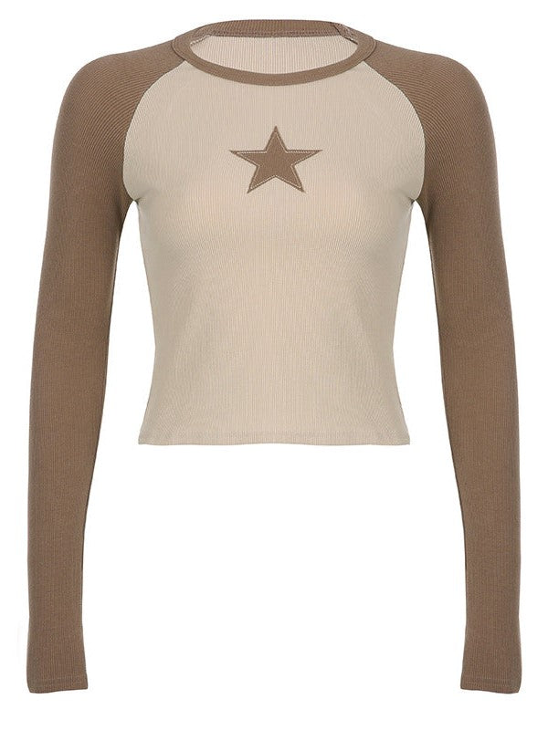 Contrast Color Y2K Raglan Sleeve Star Patch Knit Crop Top