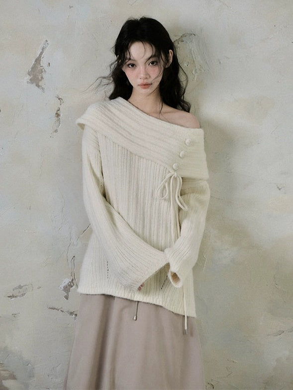 Solid Color Sweet Button Accent One Shoulder Knitted Sweater