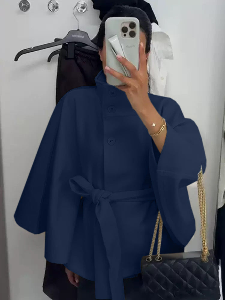 Belted High Neck Cape Coat for Women - Ines