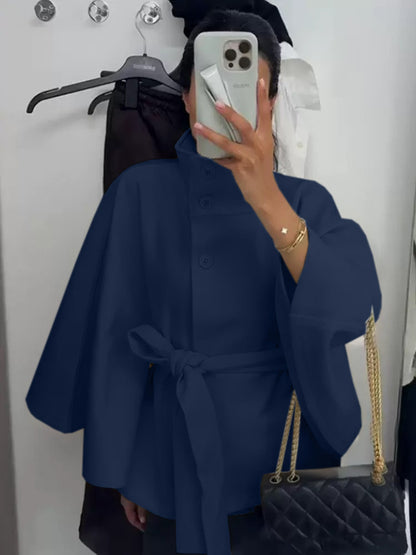 Belted High Neck Cape Coat for Women - Ines