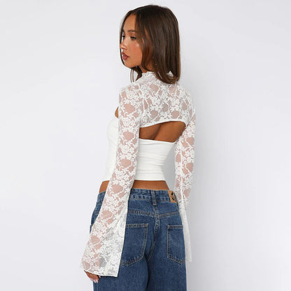 Lace Long Sleeve Crop Top with Cut Out for Women - Gemma