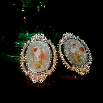 Silver Oval Vintage Stud Earrings with Pearl Detail for Women