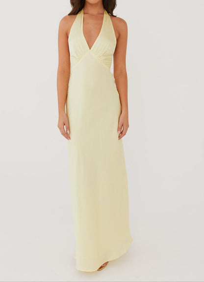 Tersa Heavy Hearted Satin Maxi Dress - Lemon