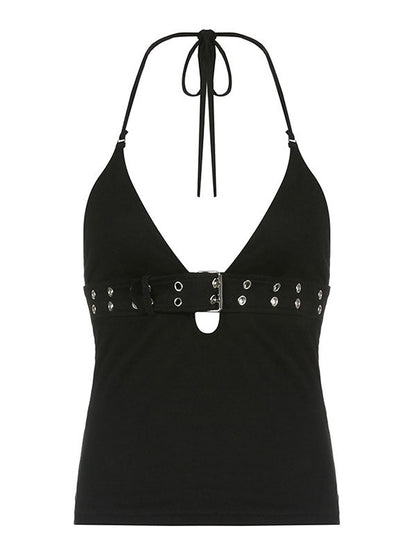 Black Buckle Strap Halter Crop Cami Top