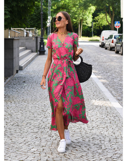 Women's V-Neck Short Sleeve Wrap Dress | Midi