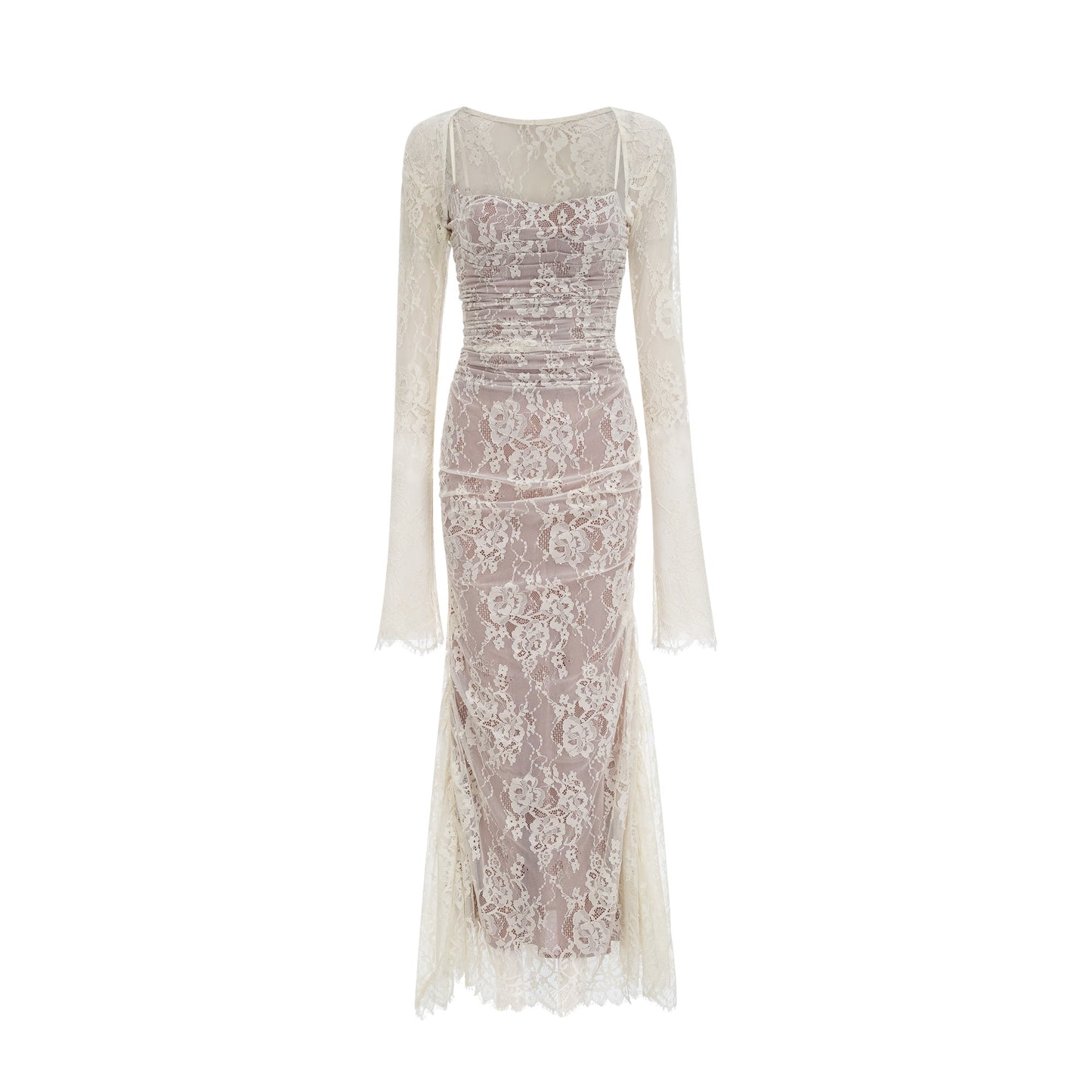 Ivory Lace Maxi Dress with Sheer Sleeves for Women - Giada