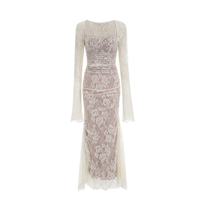 Ivory Lace Maxi Dress with Sheer Sleeves for Women - Giada