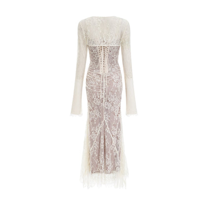 Ivory Lace Maxi Dress with Sheer Sleeves for Women - Giada