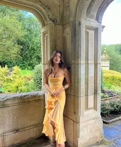 Ruffle Mesh Maxi Dress with Spaghetti Straps for Women - Anna