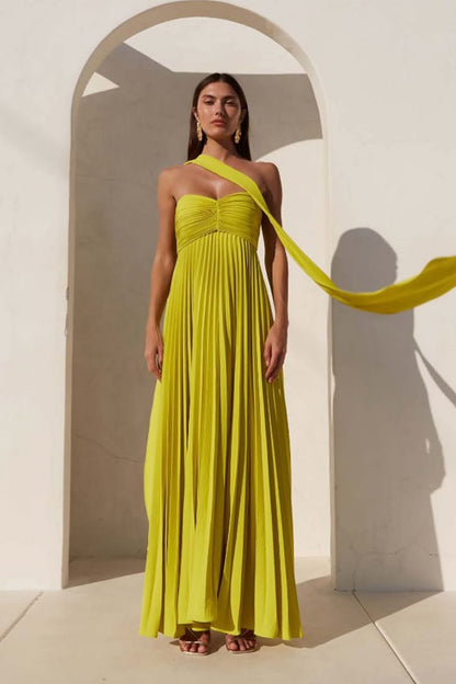 Lime Green Pleated Maxi Dress with Halter Neck for Women - Sabina