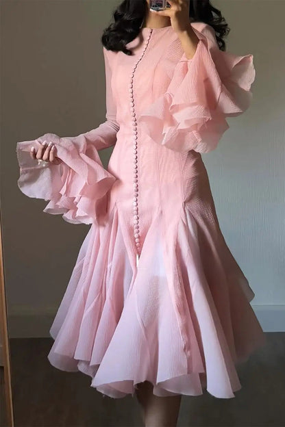 Blush Pink Ruffled Mini Dress with Button Detail for Women - Alessia