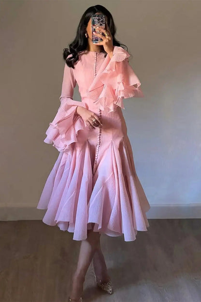 Blush Pink Ruffled Mini Dress with Button Detail for Women - Alessia