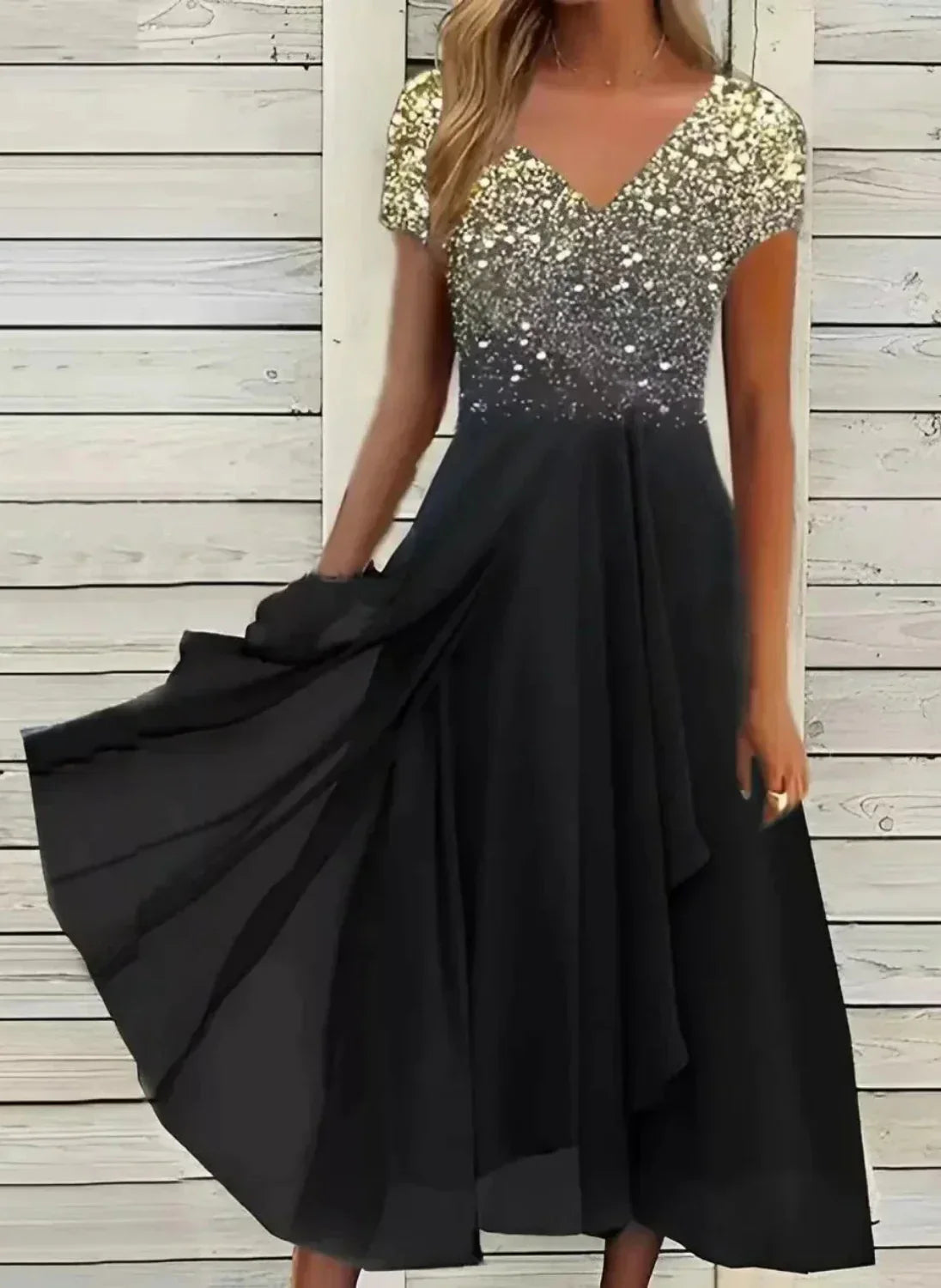Women’s V-Neck Evening Dress | Short Sleeve