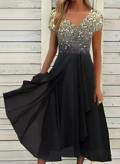 Women’s V-Neck Evening Dress | Short Sleeve