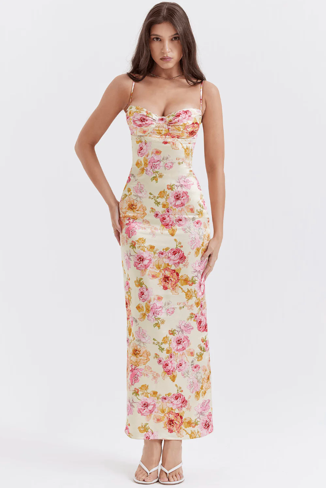 Cream Floral Satin Maxi Dress with Spaghetti Straps for Women - Vera