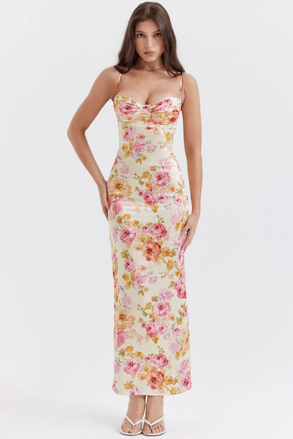 Cream Floral Satin Maxi Dress with Spaghetti Straps for Women - Vera