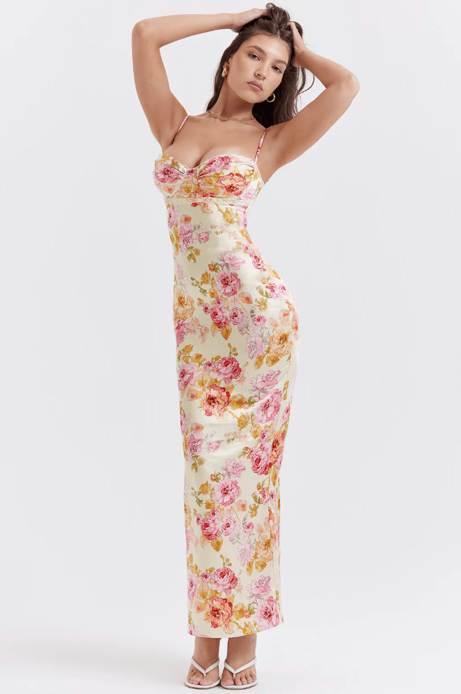 Cream Floral Satin Maxi Dress with Spaghetti Straps for Women - Vera