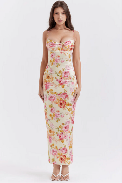 Cream Floral Satin Maxi Dress with Spaghetti Straps for Women - Vera