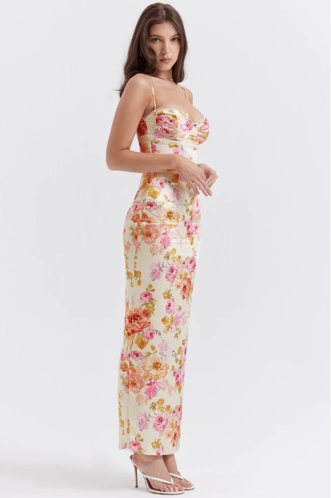 Cream Floral Satin Maxi Dress with Spaghetti Straps for Women - Vera