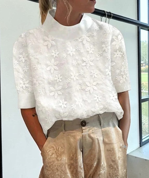 Women’s Floral Pattern Short Sleeve Top | with Stand Collar