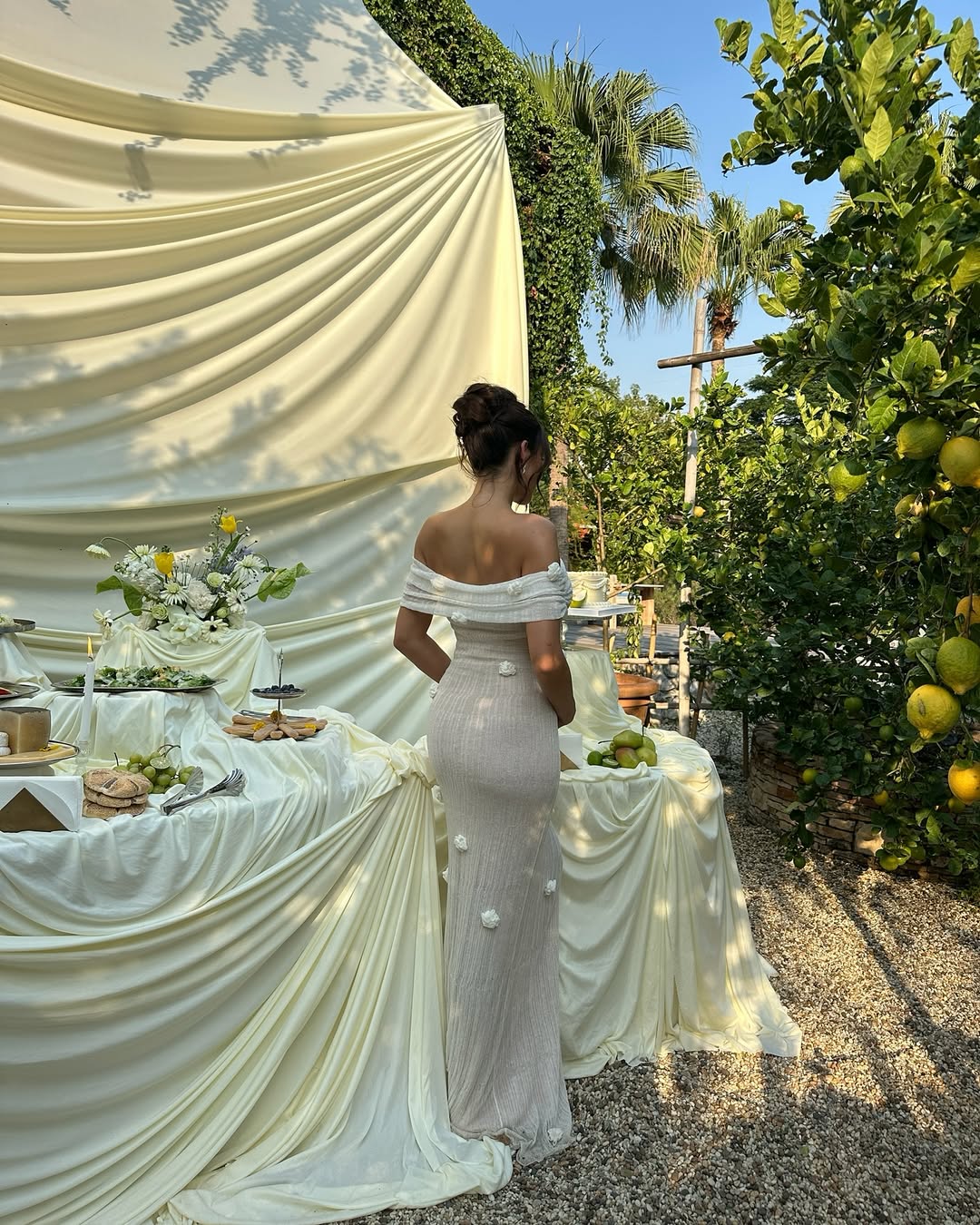 Ivory Off Shoulder Maxi Dress with Floral Detail for Women - Eliana