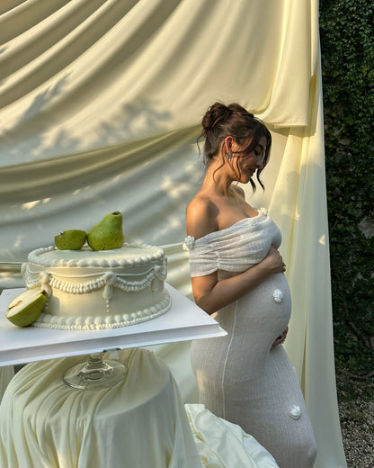 Ivory Off Shoulder Maxi Dress with Floral Detail for Women - Eliana