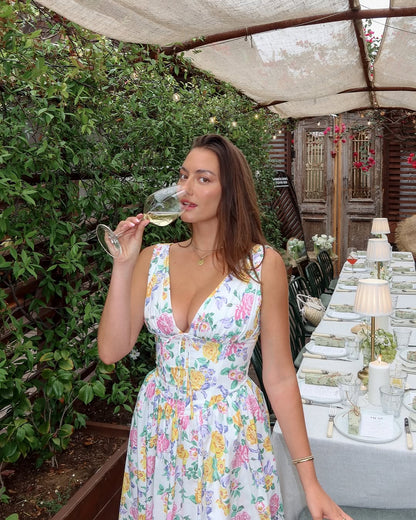 White Floral Midi Dress with Sleeveless V-Neck for Women - Selvaggia