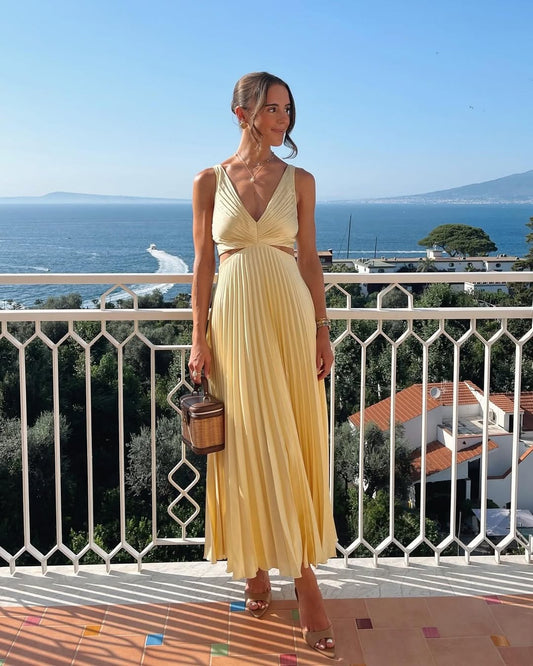 Yellow Pleated Maxi Dress with V-Neck for Women - Rosella