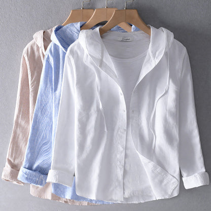 Men's Hooded Blouse with Button Placket | Linen