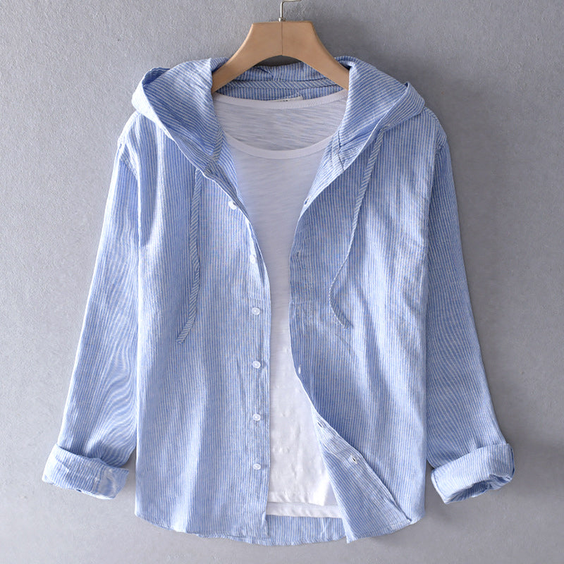 Men's Hooded Blouse with Button Placket | Linen