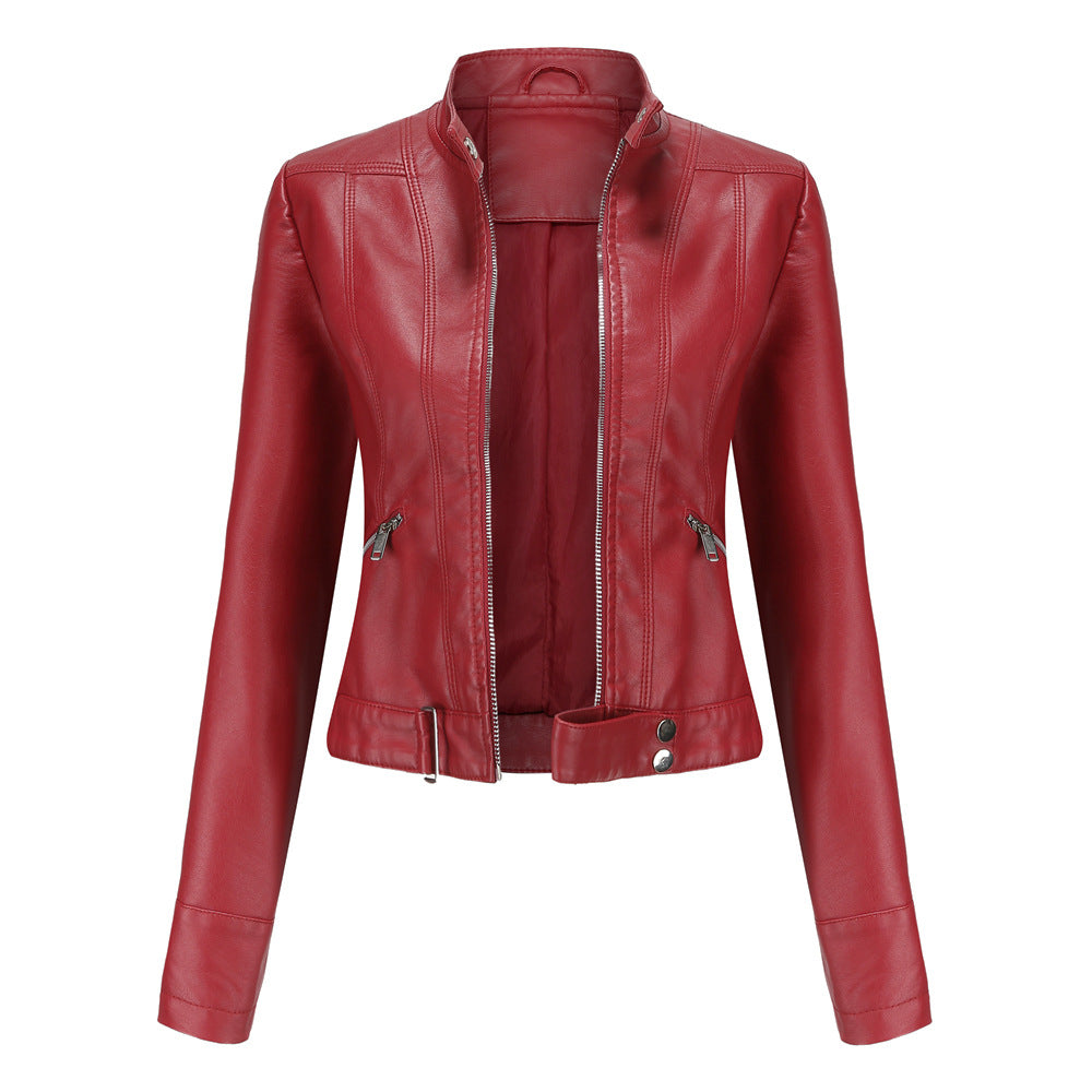 Women's Stand Collar Leather Jacket | Zip