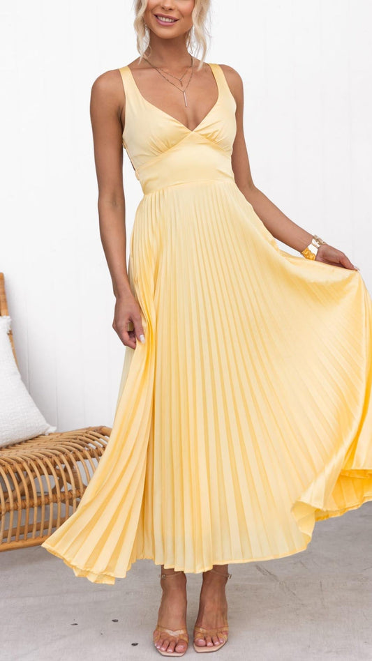 Soft Yellow Pleated Maxi Dress with V-Neckline for Women - Concetta
