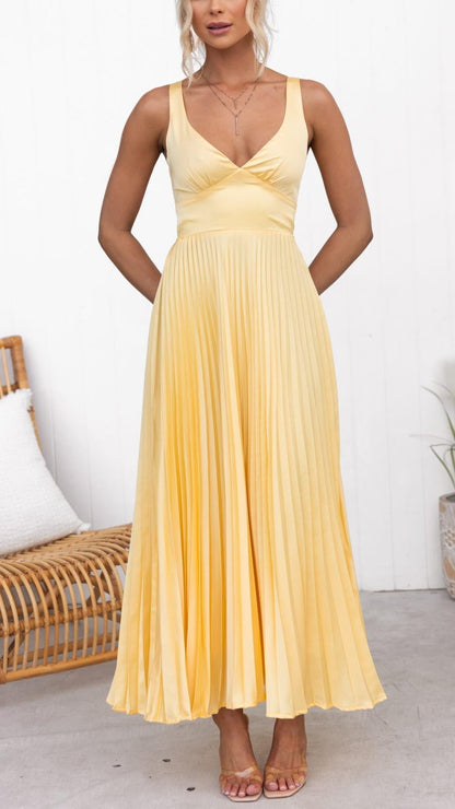 Soft Yellow Pleated Maxi Dress with V-Neckline for Women - Concetta