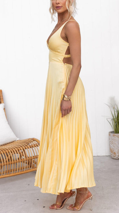 Soft Yellow Pleated Maxi Dress with V-Neckline for Women - Concetta