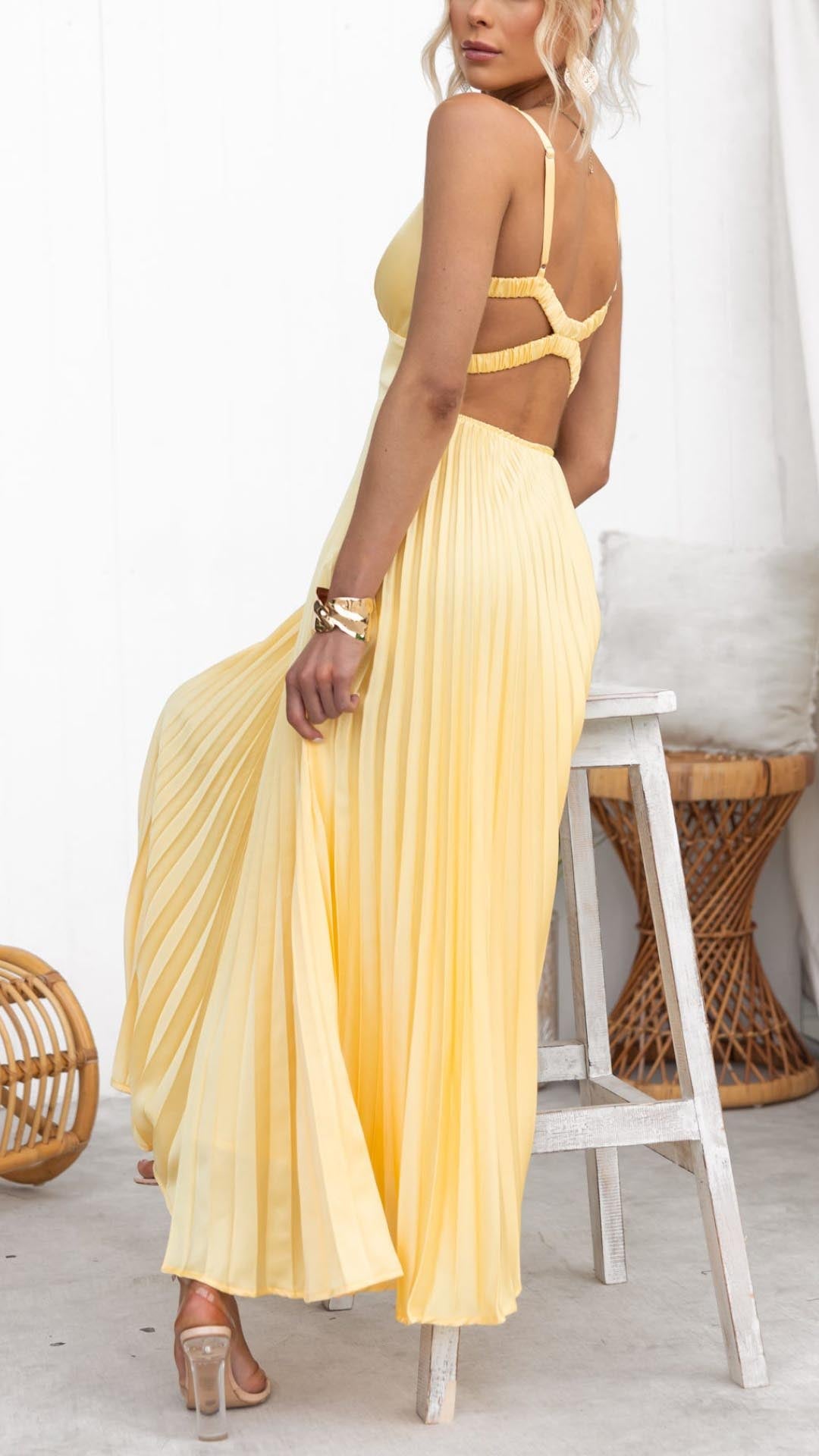 Soft Yellow Pleated Maxi Dress with V-Neckline for Women - Concetta